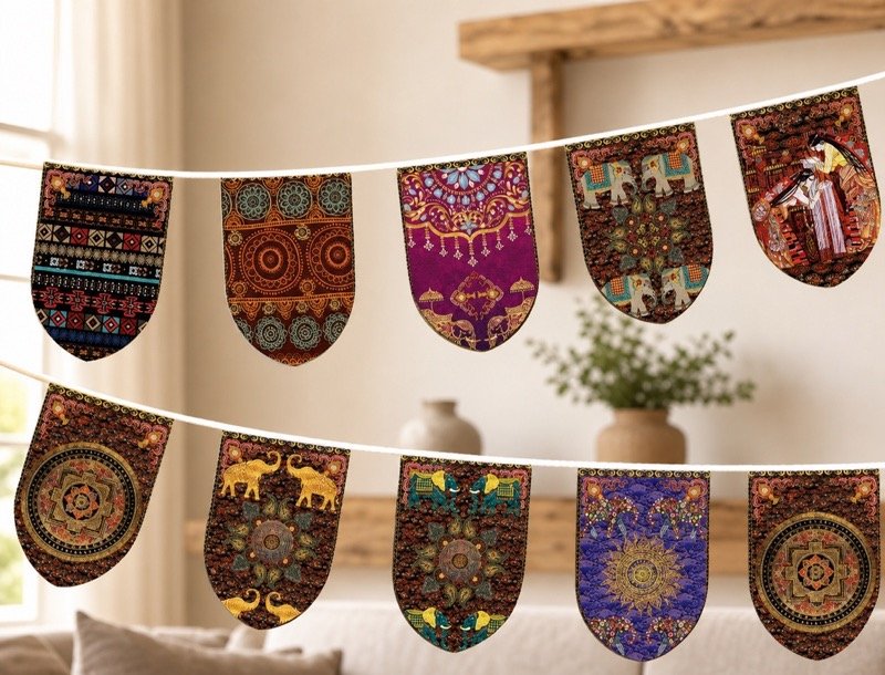 Himalayan Artisan Fabric Flag Garland with patterned textile panels