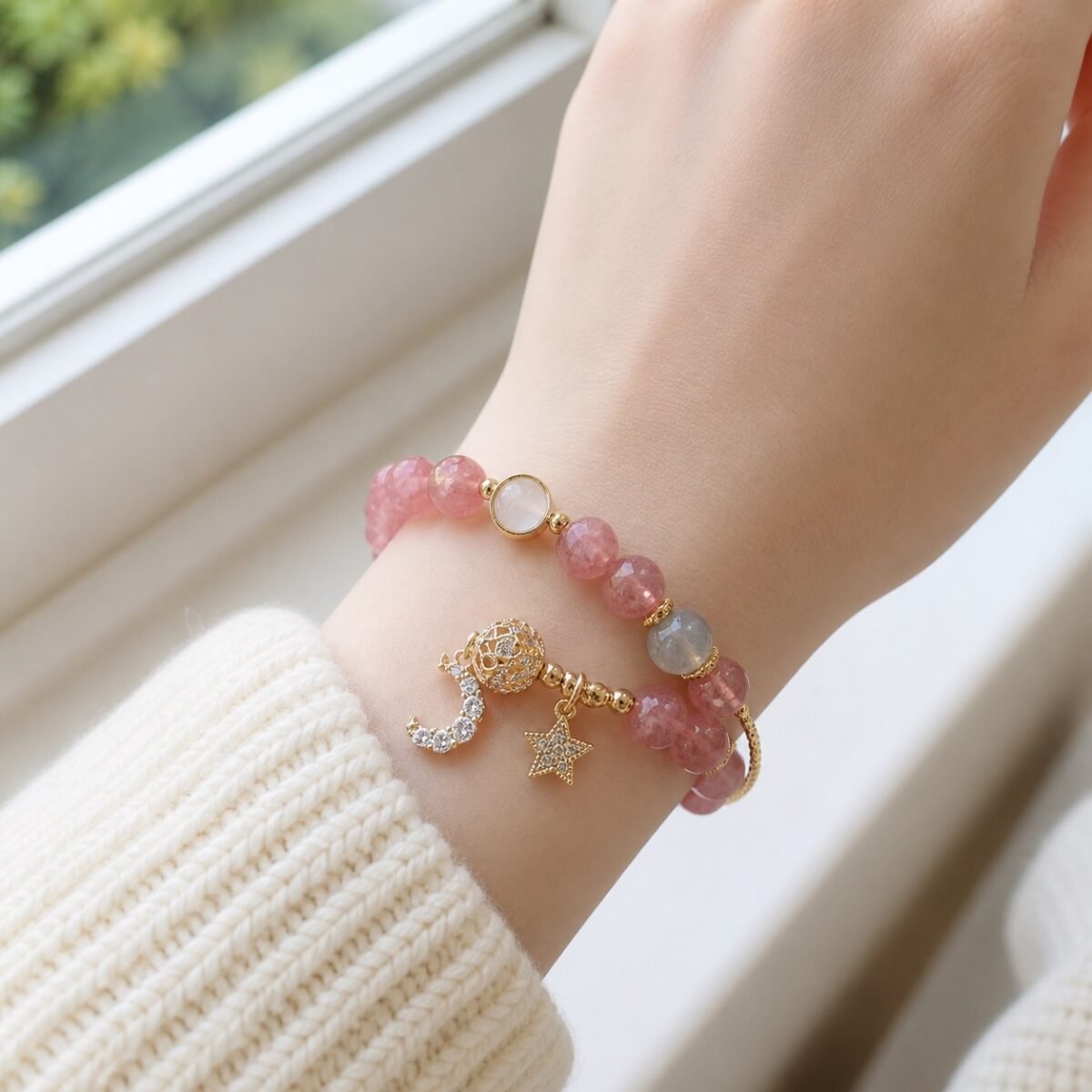 Hollow Orb Gray Moonstone Star Bracelet