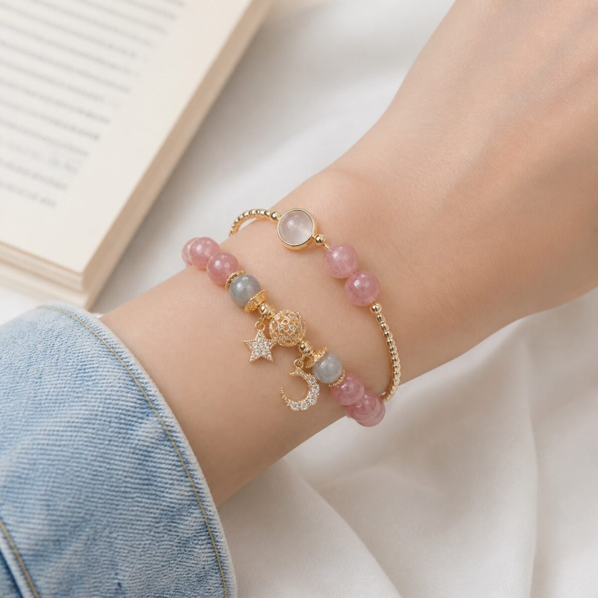 Hollow Orb Gray Moonstone Star Bracelet
