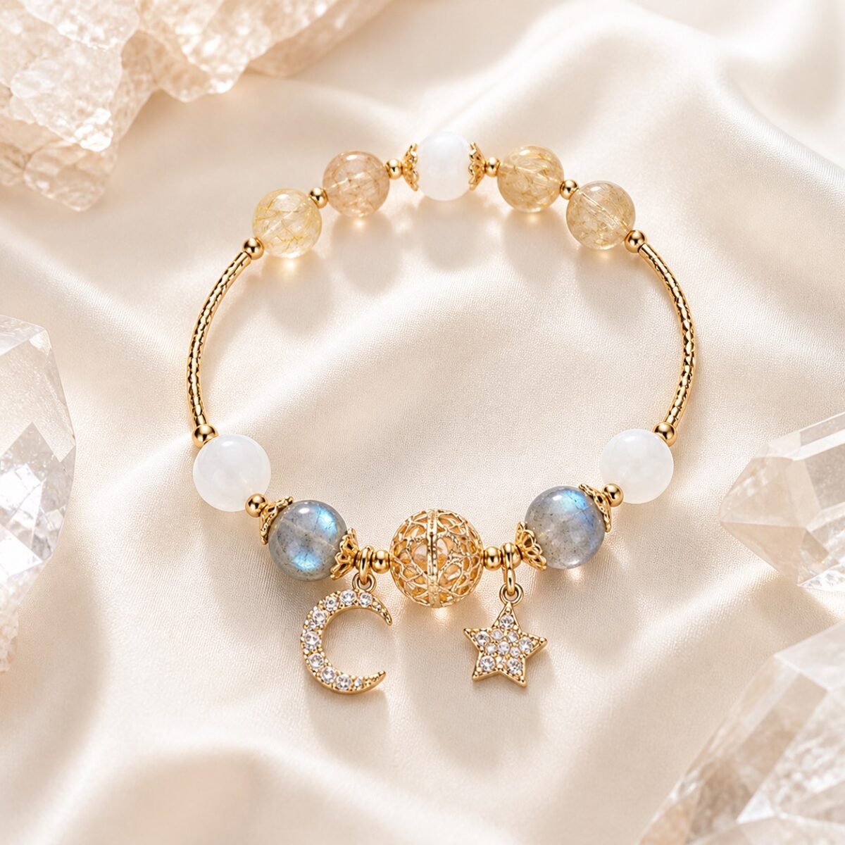 Hollow Orb Rutilated Quartz Moonstone Bracelet