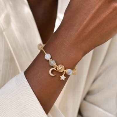 Hollow Orb Rutilated Quartz Moonstone Bracelet