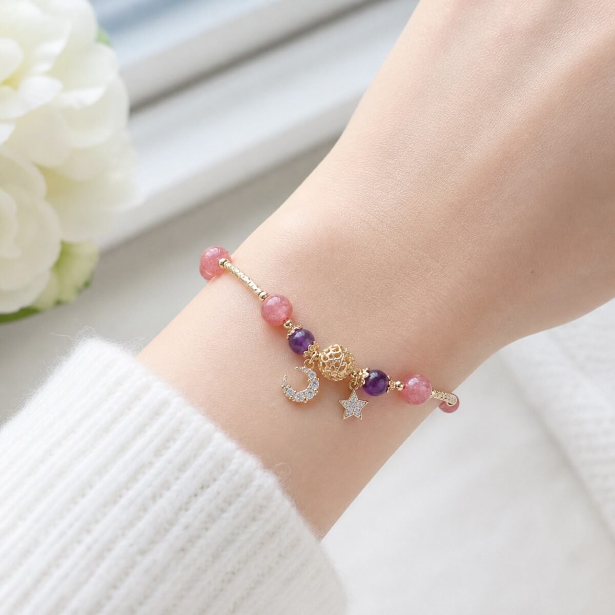 hollow-orb-strawberry-quartz-star-bracelet-03-white-wrist Hollow Orb Strawberry Quartz Star Bracelet