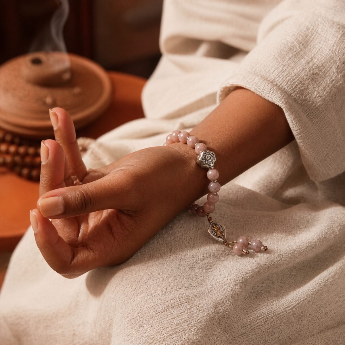 incense-ash-pink-porcelain-blessing-bracelet-03-wearing-angle Incense Ash Pink Porcelain Blessing Bracelet