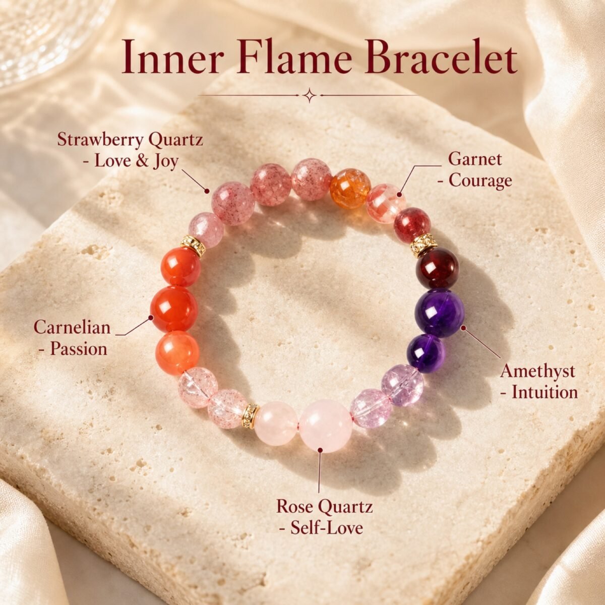 Strawberry Quartz Garnet Bracelet in a circle of 8 mm red, pink, violet, and orange natural crystal beads with material labels on a beige card.