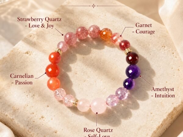 Strawberry Quartz Garnet Bracelet in a circle of 8 mm red, pink, violet, and orange natural crystal beads with material labels on a beige card.