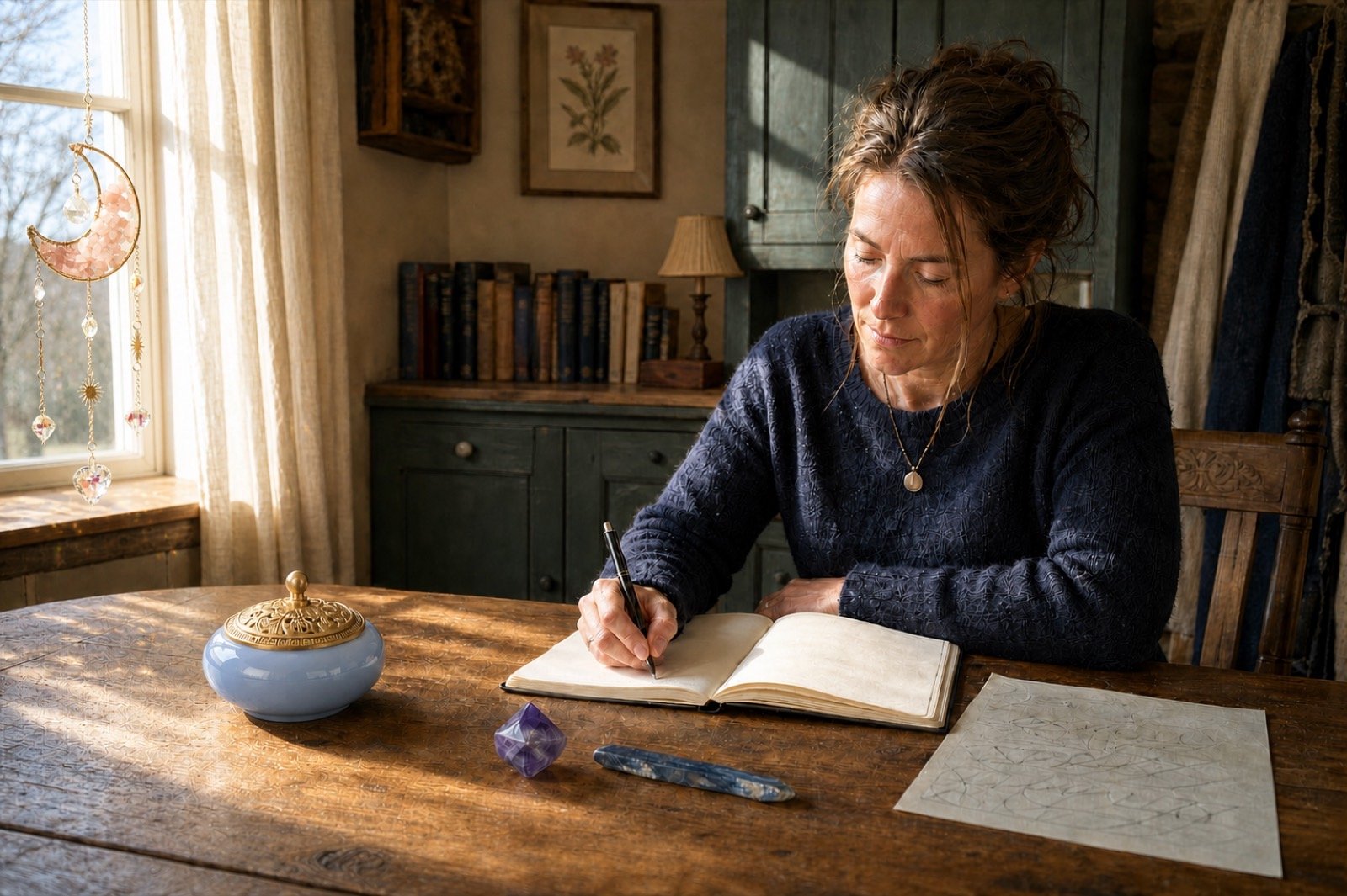 Intuition journal: a woman recording a dated dream entry beside a small stone in a warm room
