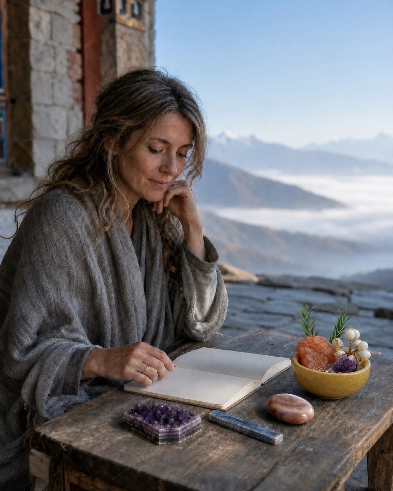 Intuition journal: a woman making a dated seven-day observation entry beside one familiar stone