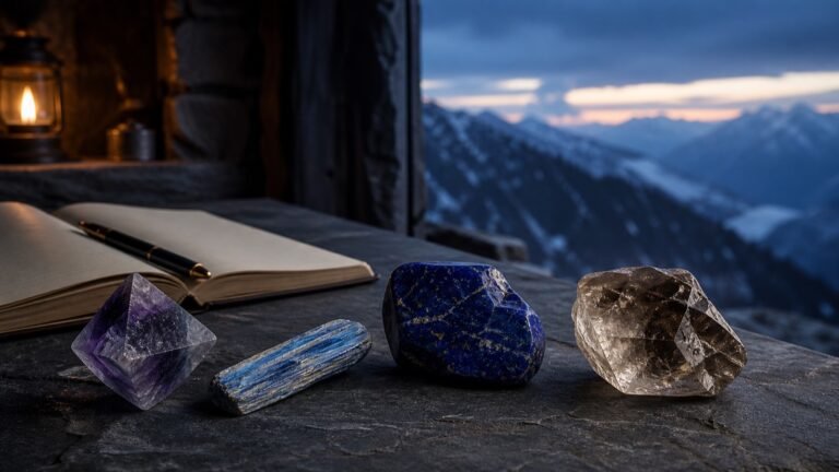 Amethyst, kyanite, lapis, and smoky quartz beside an open journal overlooking Himalayan mountains