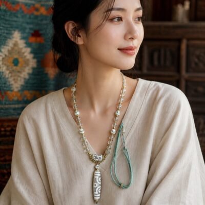 Ivory Eight-Eye Dzi Pendant Necklace