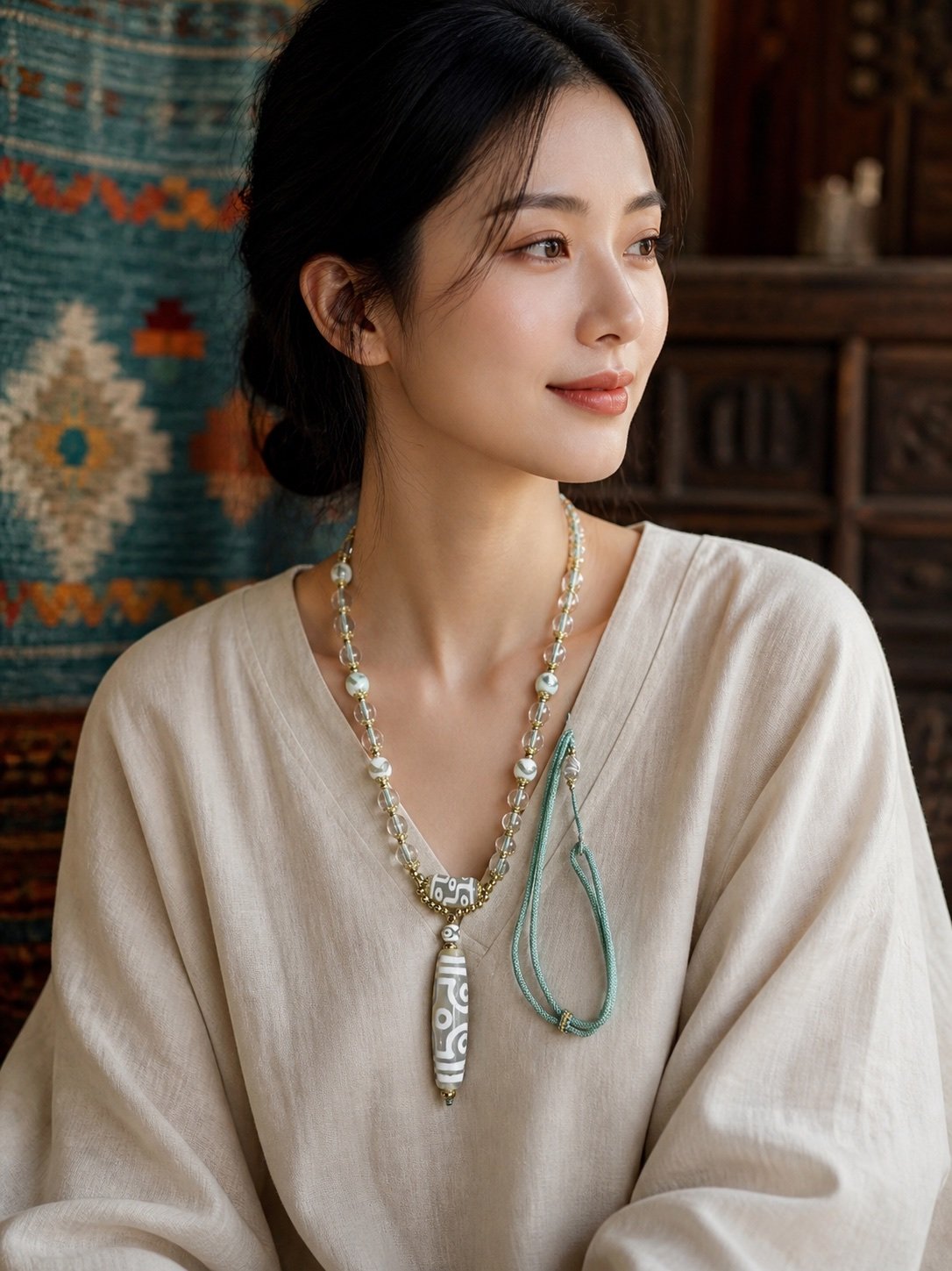 Ivory Eight-Eye Dzi Pendant Necklace