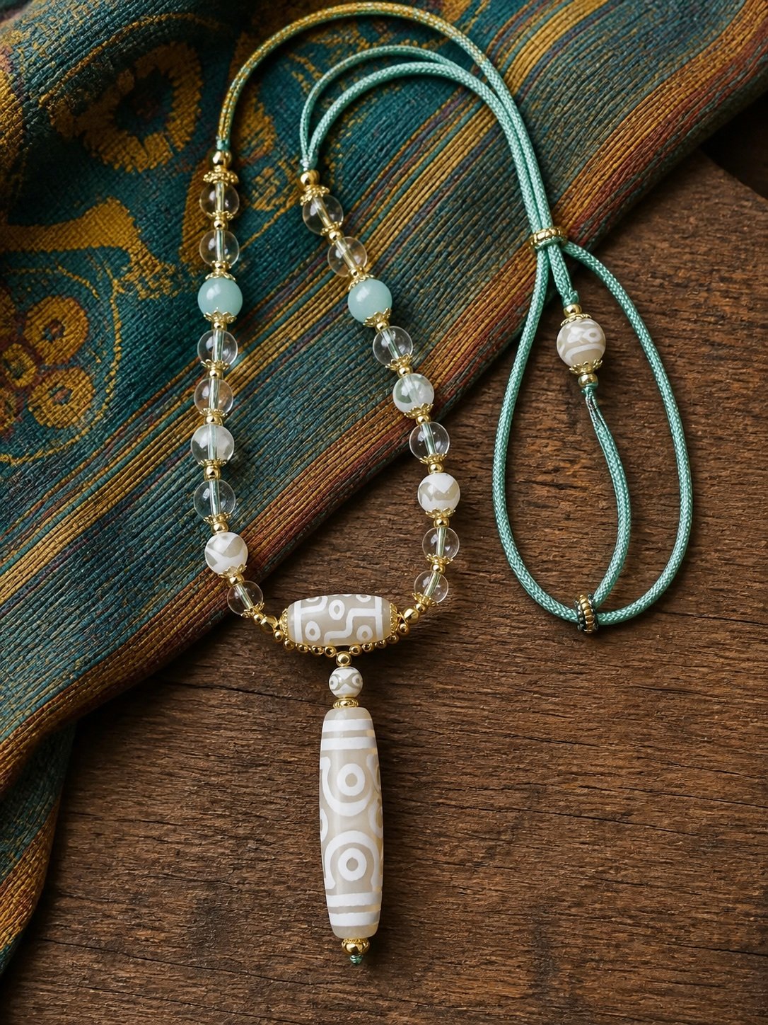 Ivory Eight-Eye Dzi Necklace with white 38 mm focal bead, aqua accents, and sage-green cord