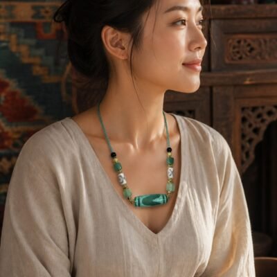 Jade-Green Dzi Focal Bead Necklace
