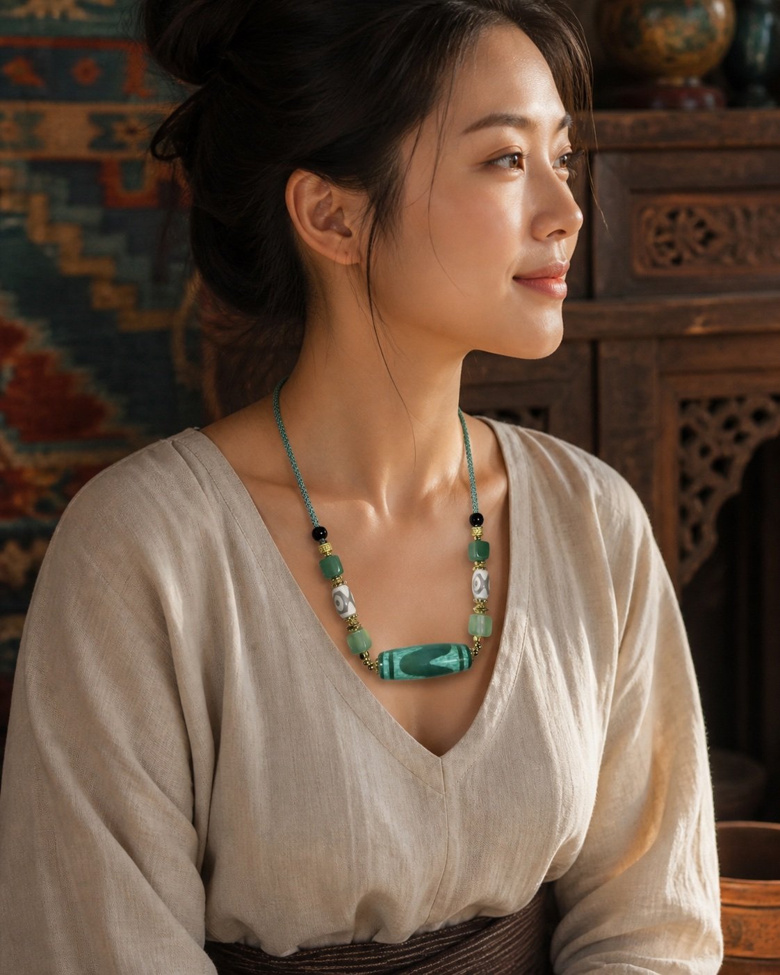 Jade-Green Dzi Focal Bead Necklace