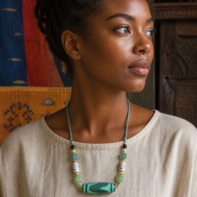 Jade-Green Dzi Focal Bead Necklace