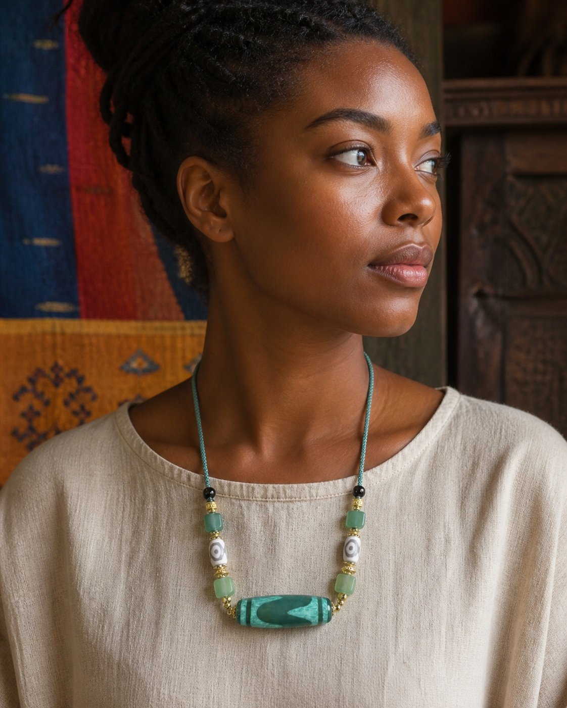 Jade-Green Dzi Focal Bead Necklace