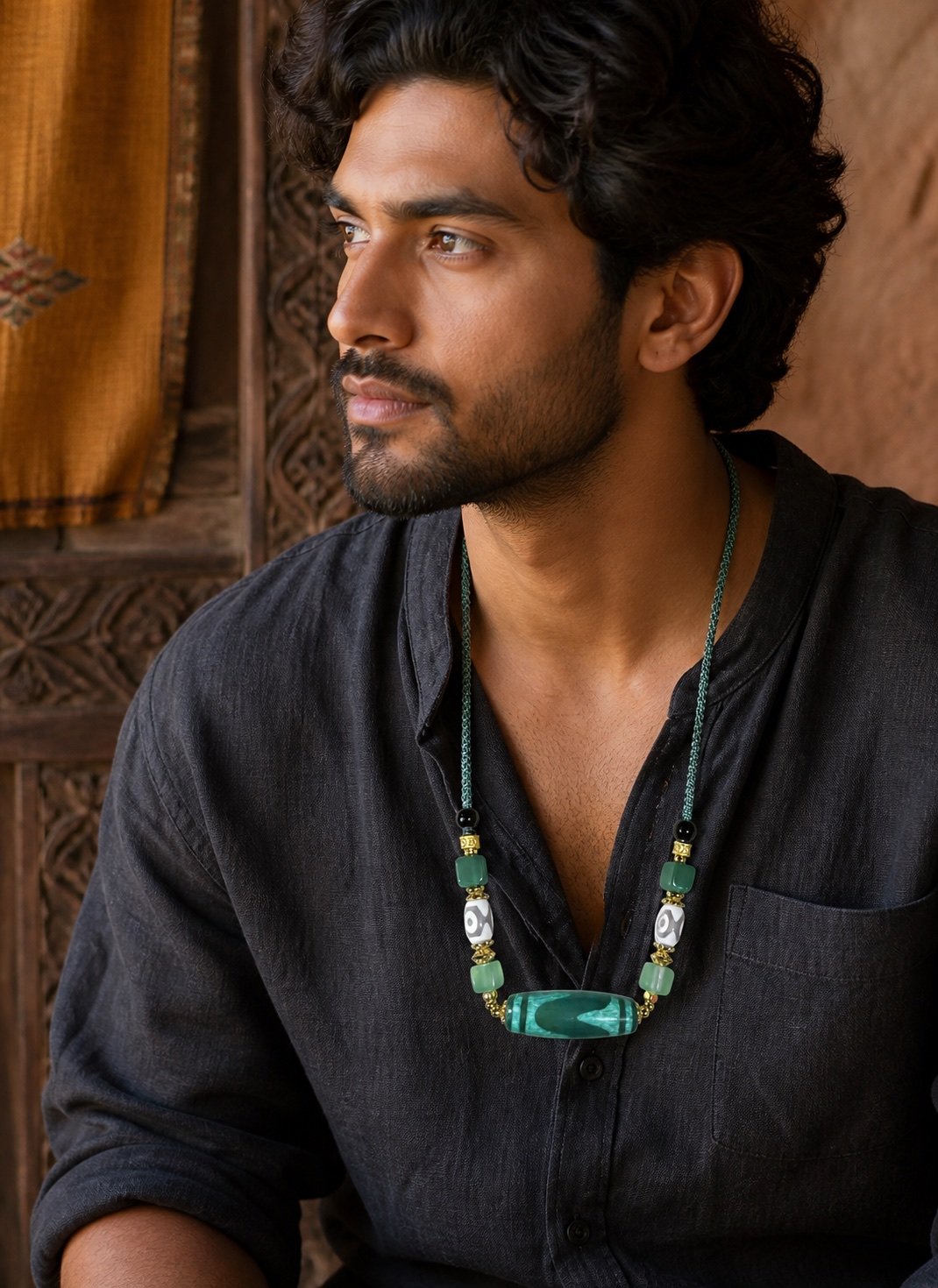 Jade-Green Dzi Focal Bead Necklace