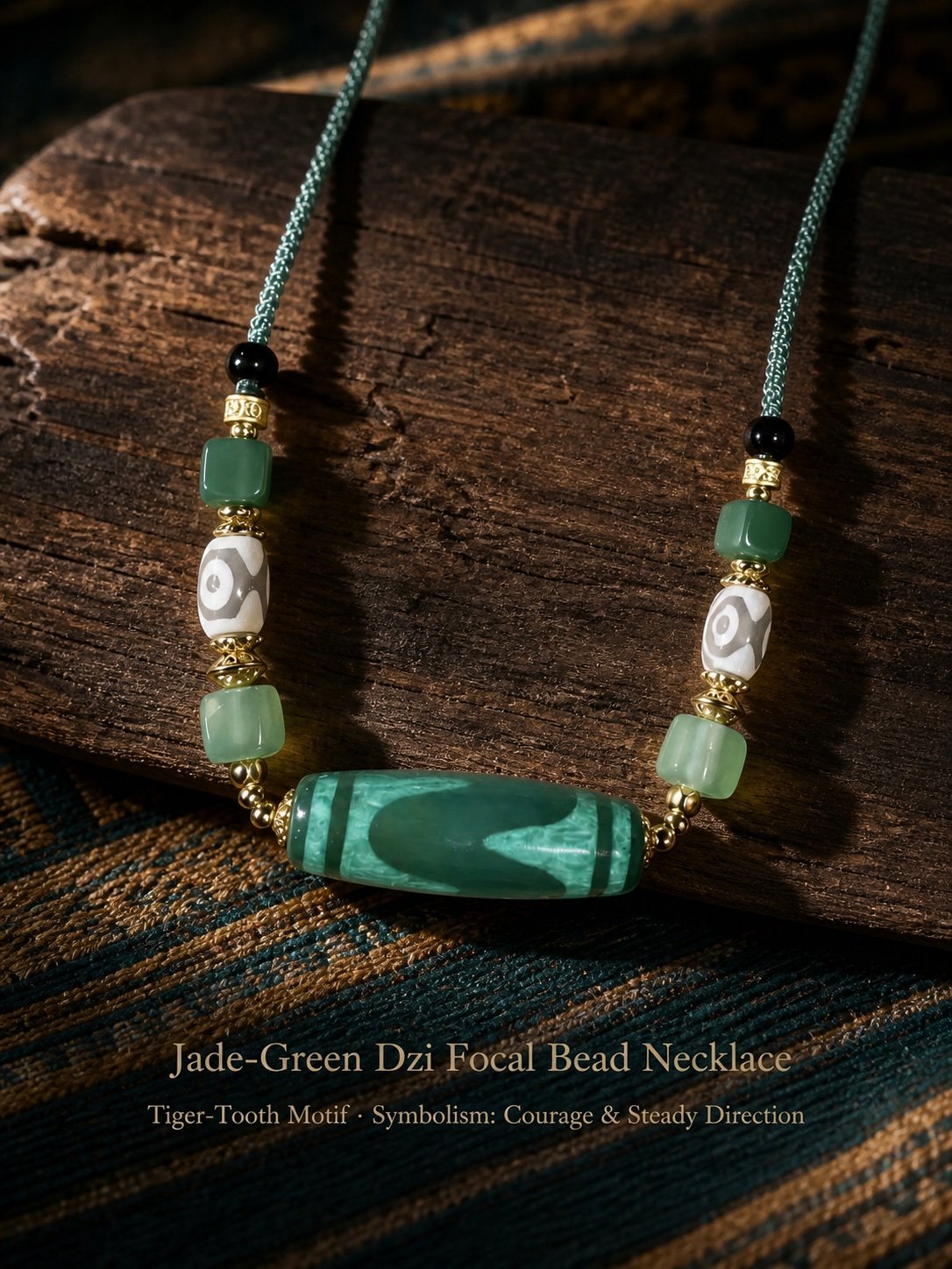 Jade-Green Dzi Focal Bead Necklace