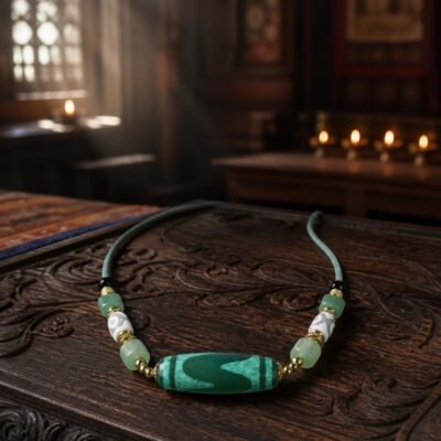 Jade-Green Dzi Focal Bead Necklace