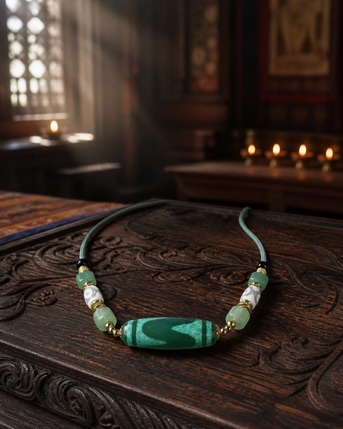 Jade-Green Dzi Focal Bead Necklace