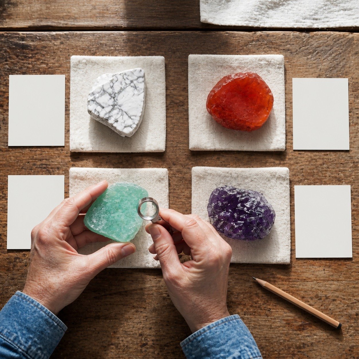 Hands inspect a green mineral with a loupe beside four specimens and blank identification cards