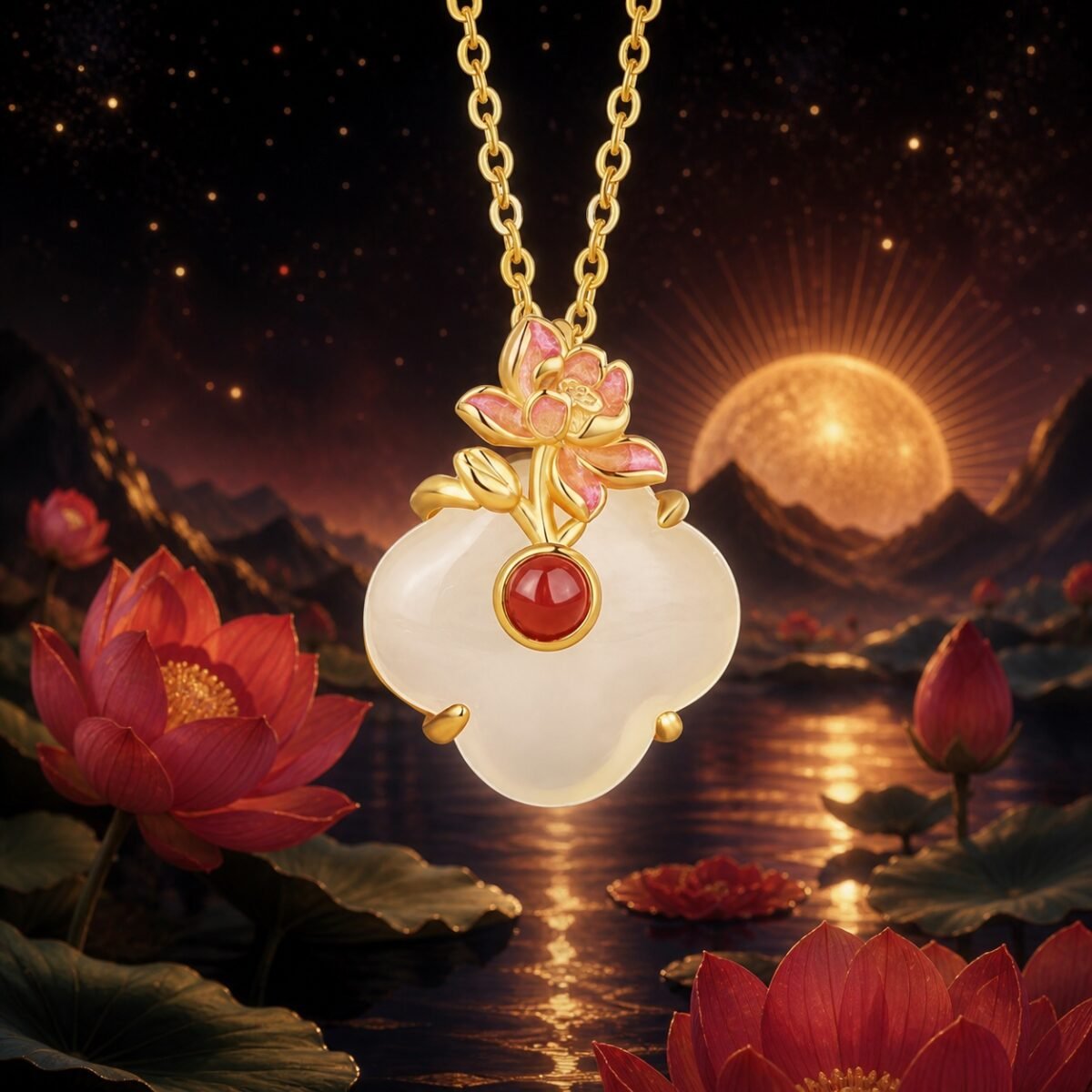 Leo lotus necklace pendant in gold-tone S925 sterling silver with white chalcedony and red agate