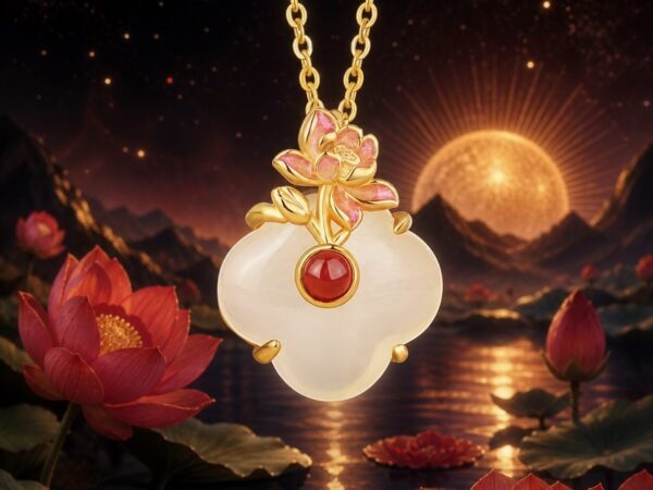 Leo lotus necklace pendant in gold-tone S925 sterling silver with white chalcedony and red agate