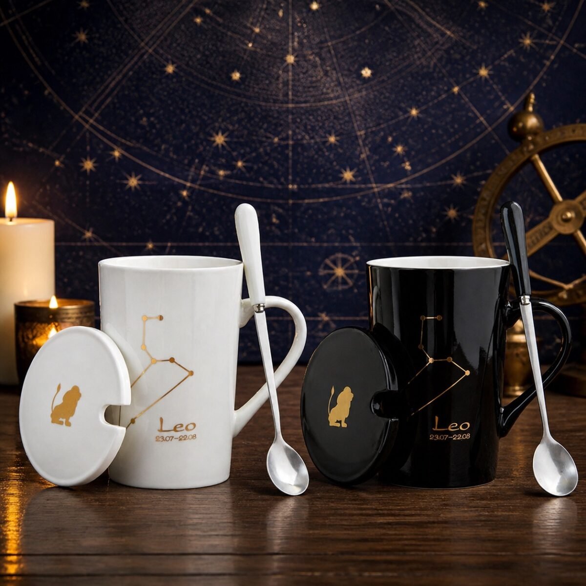 Leo Ceramic Mug Set with gold-fired constellation design, ceramic lid, and spoon