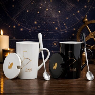 Leo Ceramic Mug Set with gold-fired constellation design, ceramic lid, and spoon
