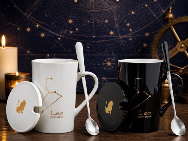 Leo Ceramic Mug Set with gold-fired constellation design, ceramic lid, and spoon