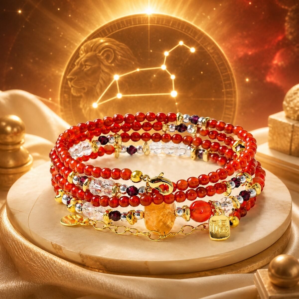 Leo Wrap Bracelet with natural sunstone, aquamarine, and gourd-shaped centerpiece