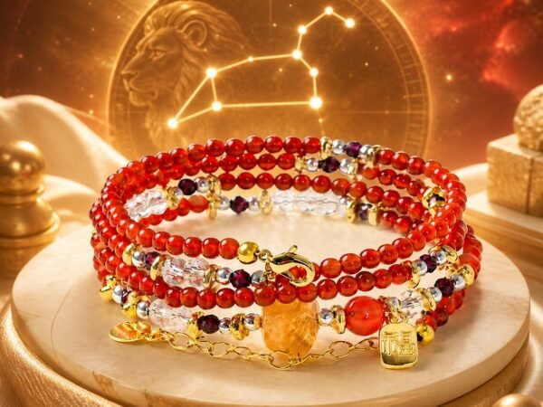 Leo Wrap Bracelet with natural sunstone, aquamarine, and gourd-shaped centerpiece