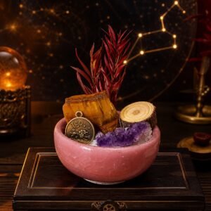 Leo Crystal Micro-Landscape Desk Decor with amethyst, clear quartz, botanical accents, and zodiac medallion
