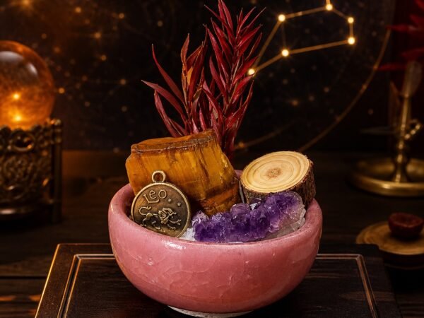 Leo Crystal Micro-Landscape Desk Decor with amethyst, clear quartz, botanical accents, and zodiac medallion