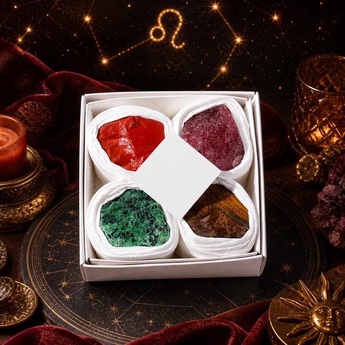 leo-zodiac-four-raw-crystal-gift-set-01-box Leo Four Raw Crystal Gift Set with four natural raw crystals arranged in the gift box