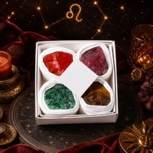 Leo Four Raw Crystal Gift Set with four natural raw crystals arranged in the gift box