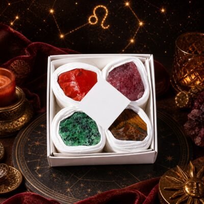 leo-zodiac-four-raw-crystal-gift-set-01-box Leo Four Raw Crystal Gift Set with four natural raw crystals arranged in the gift box