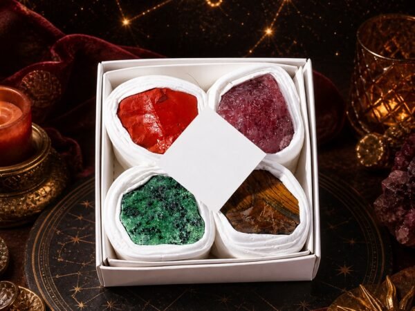 Leo Four Raw Crystal Gift Set with four natural raw crystals arranged in the gift box