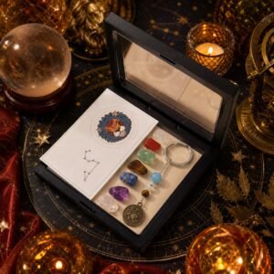 Leo Seven Chakra Crystal Keychain with seven raw stones, three accent beads, and brass-tone medallion