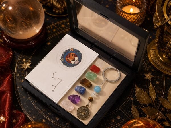 Leo Seven Chakra Crystal Keychain with seven raw stones, three accent beads, and brass-tone medallion