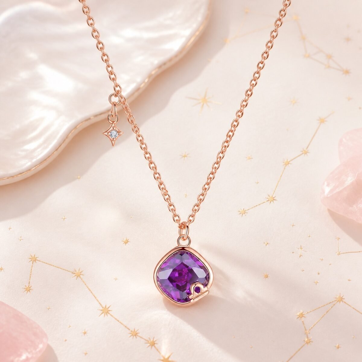 Libra rose gold crystal zodiac necklace with violet crystal and Libra glyph