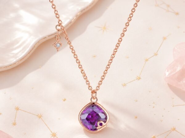 libra-crystal-zodiac-necklace-01-product Libra rose gold crystal zodiac necklace with violet crystal and Libra glyph