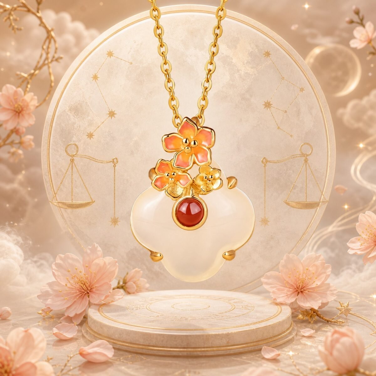 Libra Apricot Necklace with white chalcedony, red agate, and enamel