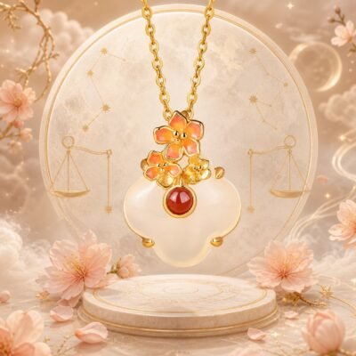 Libra Apricot Necklace with white chalcedony, red agate, and enamel
