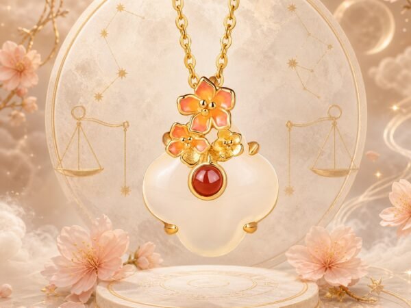 libra-eastern-guardian-flower-necklace-01-product Libra Apricot Necklace with white chalcedony, red agate, and enamel