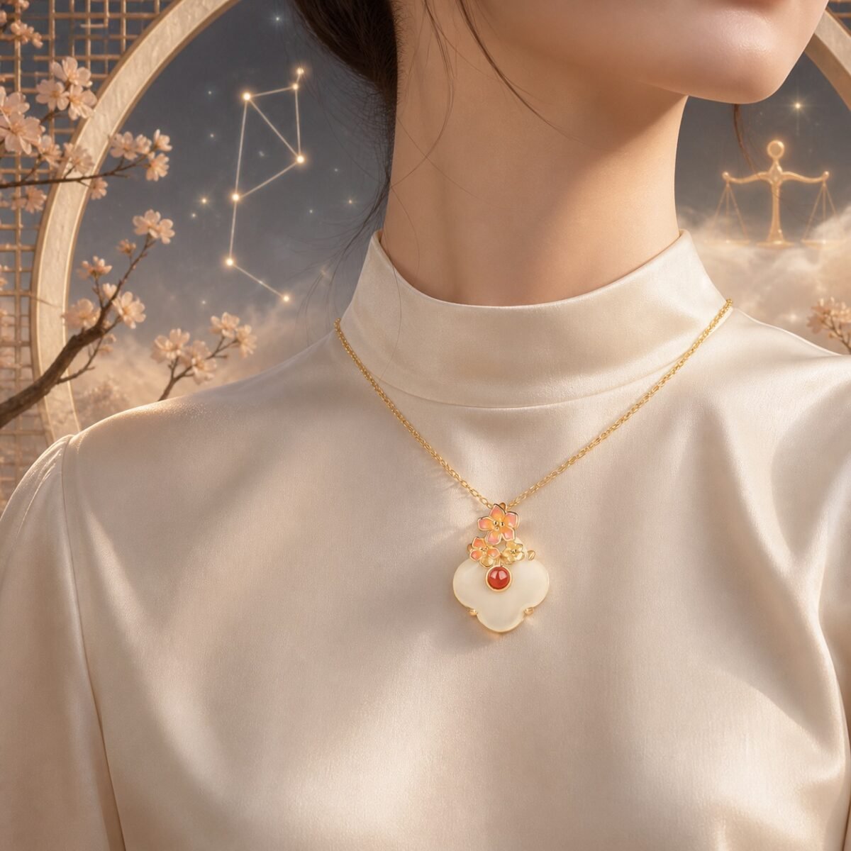 Libra Eastern Zodiac Guardian Flower Goddess Necklace – Apricot Blossom