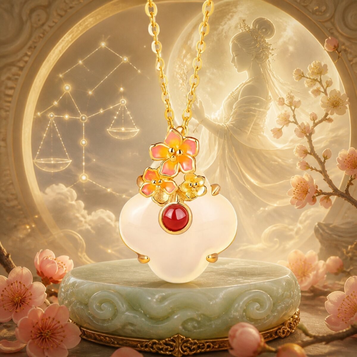 Libra Eastern Zodiac Guardian Flower Goddess Necklace – Apricot Blossom