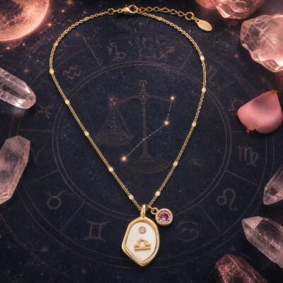 libra-pearlescent-zodiac-birthstone-necklace-01-product Libra Rose Quartz Necklace with pearlescent zodiac pendant and gold-tone chain on a Libra star chart.