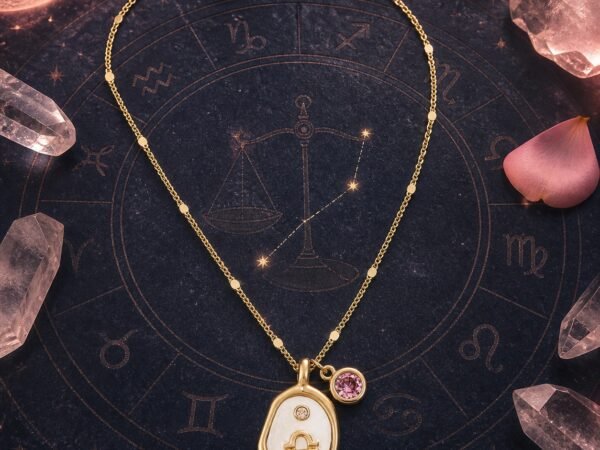 libra-pearlescent-zodiac-birthstone-necklace-01-product Libra Rose Quartz Necklace with pearlescent zodiac pendant and gold-tone chain on a Libra star chart.