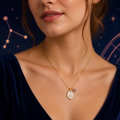 libra-pearlescent-zodiac-birthstone-necklace-02-worn-light Libra Pearlescent Zodiac Birthstone Necklace