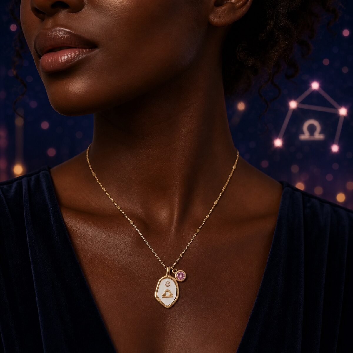 libra-pearlescent-zodiac-birthstone-necklace-03-worn-deep Libra Pearlescent Zodiac Birthstone Necklace